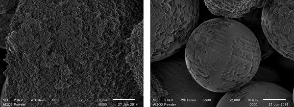 粉体アルミナの処理前(左).処理後(右)