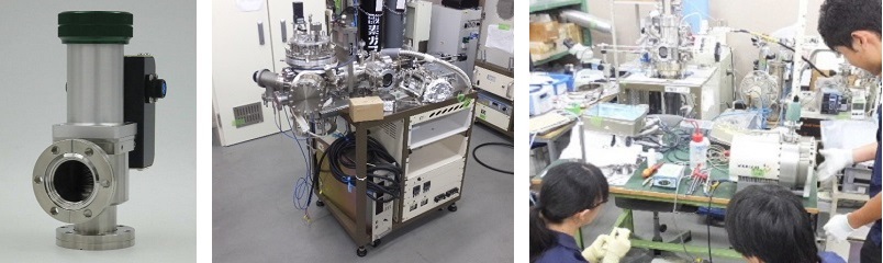 インターロックバルブ(左)、解体前の実験装置(中央)、スクロールポンプのオーバーホール風景(右)