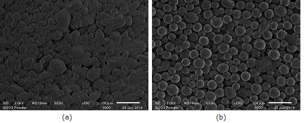 [図4.プラズマ処理前のアルミナ粒子→プラズマ処理後のアルミナ粒子のSEM像